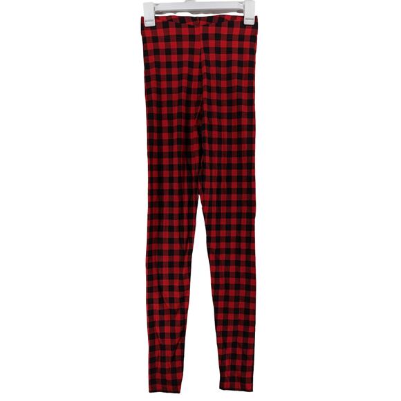 Old Navy Buffalo Plaid Leggings XS Tall Black Red High Waisted Check Mid‎ Rise - Picture 1 of 7